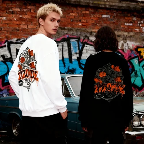 ZAZOMDE Cotton Sweatshirt With Dark Floral Skull Print Round Neck Pullover Unisex Gothic Style Top For Casual Outfit And Party
