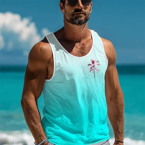 Coconut Tree Logo Funny Tank Top Men's Clothing Sport Casual Loose Breathable Sleeveless T-shirt Gradient 3D Print Men Vest Top