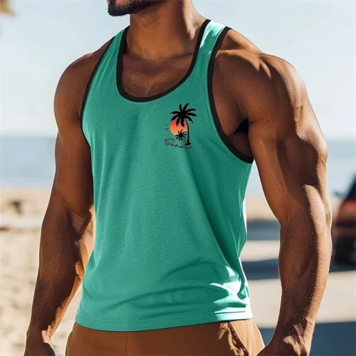 Fashion Hawaiian Solid Color Simple Men Tank Top Print Coconut Graphic Casual Funny Basketball Vest Summer Street Classic Tee